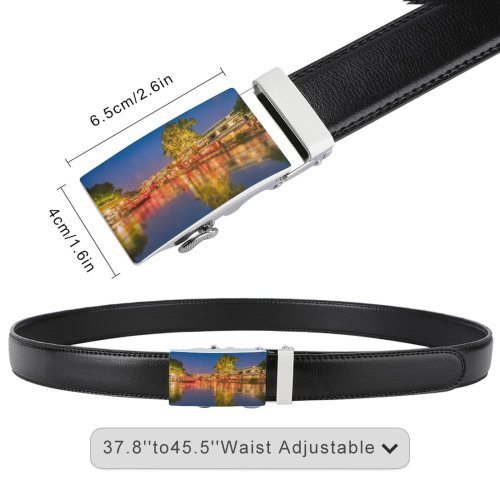 yanfind Belt Row Chinese Cultures Tourist Night Village Tree Building Waterfront Light Town Canal Men's Dress Casual Every Day Reversible Leather Belt