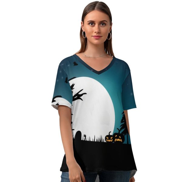 yanfind V Neck T-shirt for Women Celebrations Halloween Halloween Pumpkins Moon Night Silhouette Summer Top  Short Sleeve Casual Loose