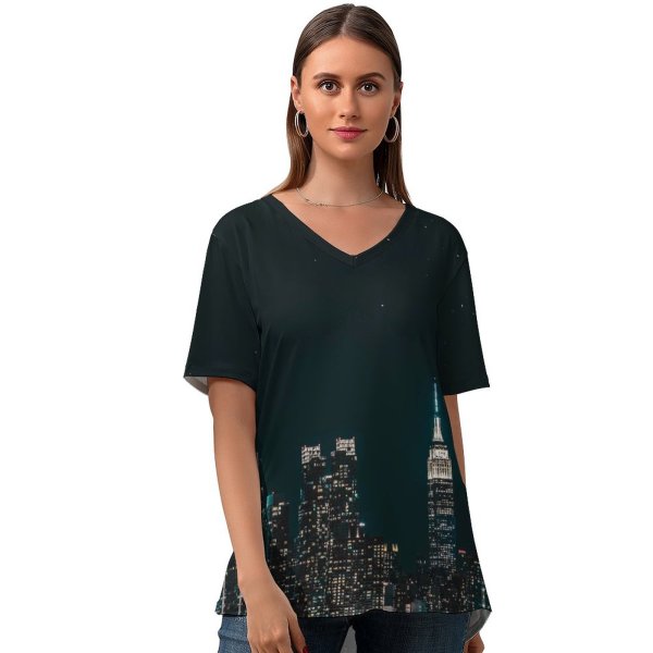yanfind V Neck T-shirt for Women Sanaan Mazhar York City Cityscape Night City Lights Half Moon Starry Sky Summer Top  Short Sleeve Casual Loose
