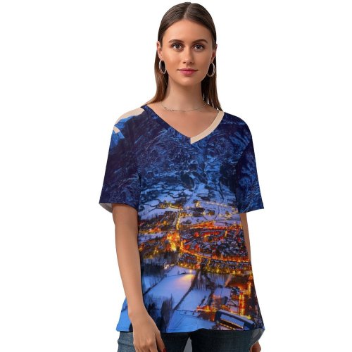 yanfind V Neck T-shirt for Women Spanish Village Benasque Town Winter Pyrenees Mountains Night Snow Covered Summer Top  Short Sleeve Casual Loose