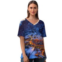 yanfind V Neck T-shirt for Women Spanish Village Benasque Town Winter Pyrenees Mountains Night Snow Covered Summer Top  Short Sleeve Casual Loose