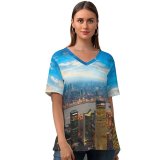 yanfind V Neck T-shirt for Women Shanghai City China Aerial Cityscape Sunset Skyscrapers High Rise Building Oriental Pearl Summer Top  Short Sleeve Casual Loose