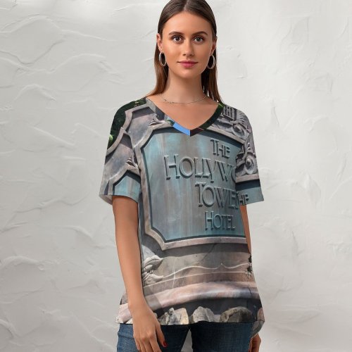 yanfind V Neck T-shirt for Women Clock Building Fl Public Wallpapers Disney's Tomb Studios Architecture Rubble Pictures Summer Top  Short Sleeve Casual Loose
