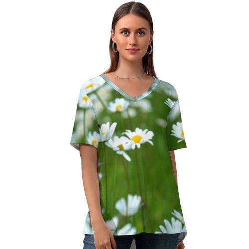 yanfind V Neck T-shirt for Women Floral Spring Flora Flowers Landscape Wallpapers Plant Bloom Stock Free Pictures Summer Top  Short Sleeve Casual Loose
