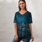 yanfind V Neck T-shirt for Women Sanaan Mazhar York City Cityscape Night City Lights Reflections Summer Top  Short Sleeve Casual Loose