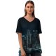 yanfind V Neck T-shirt for Women Sanaan Mazhar Black Dark York City Cityscape Night City Lights Half Moon Summer Top  Short Sleeve Casual Loose
