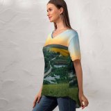 yanfind V Neck T-shirt for Women River Countryside Landscape Sunset Horizon Trees Grass Farmland Summer Top  Short Sleeve Casual Loose