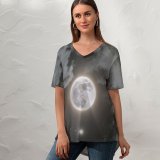yanfind V Neck T-shirt for Women Selenophile_photo Moon Jupiter Saturn Night Dark Cloudy Surreal Summer Top  Short Sleeve Casual Loose