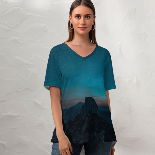 yanfind V Neck T-shirt for Women Space Night Yosemite Starry HQ Landscape Half Sky Wallpapers Mountain Free Summer Top  Short Sleeve Casual Loose