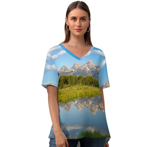 yanfind V Neck T-shirt for Women Robert Bynum Teton Range Rocky Mountains Wyoming USA Mirror Lake Reflection Beaver Summer Top  Short Sleeve Casual Loose