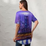 yanfind V Neck T-shirt for Women Zac Ong York City Night Cityscape Purple City Lights Suspension Bridge Buildings Summer Top  Short Sleeve Casual Loose