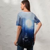 yanfind V Neck T-shirt for Women SciFi Futuristic City Energy Moon Dark Power Summer Top  Short Sleeve Casual Loose