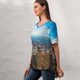 yanfind V Neck T-shirt for Women Shanghai City China Aerial Cityscape Sunset Skyscrapers High Rise Building Oriental Pearl Summer Top  Short Sleeve Casual Loose