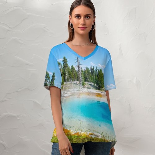 yanfind V Neck T-shirt for Women Youen California Mudpot Yellowstone National Park Tourist Attraction Trees Landscape Sky Summer Top  Short Sleeve Casual Loose