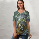 yanfind V Neck T-shirt for Women Spiral Staircase Chandelier Wooden Stairs Summer Top  Short Sleeve Casual Loose