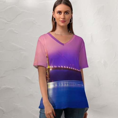 yanfind V Neck T-shirt for Women Romain Guy Golden Gate Bridge San Francisco California Scenic Sky Pacific Ocean Summer Top  Short Sleeve Casual Loose