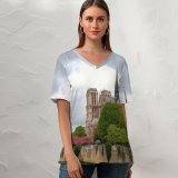 yanfind V Neck T-shirt for Women Castle Ditch Archbishopric Building Paris L'archevêché Canal Wallpapers Boat Moat De Summer Top  Short Sleeve Casual Loose