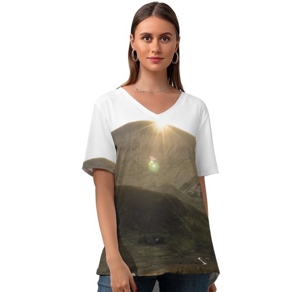 yanfind V Neck T-shirt for Women Lens Sun Hillside Flare Sheep Grass Wallpapers Hill Mountain Outdoors Stock Summer Top  Short Sleeve Casual Loose