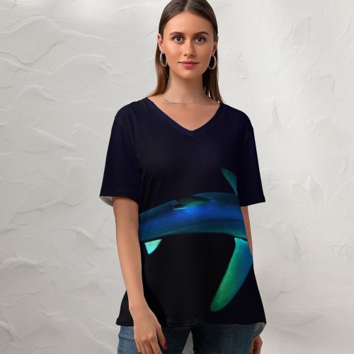 yanfind V Neck T-shirt for Women Shark Underwater Atlantic Ocean Deep Sea Dark Summer Top  Short Sleeve Casual Loose