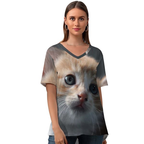 yanfind V Neck T-shirt for Women Cat Kitten Pet Cute Cat Portrait Fur Baby Cat Summer Top  Short Sleeve Casual Loose