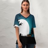 yanfind V Neck T-shirt for Women Celebrations Halloween Halloween Pumpkins Moon Night Silhouette Summer Top  Short Sleeve Casual Loose