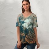 yanfind V Neck T-shirt for Women Land Landscape Aerial Wallpapers Mountain Outdoors Scenery Free Art Pictures Grey Summer Top  Short Sleeve Casual Loose