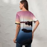 yanfind V Neck T-shirt for Women Romain Guy Landscape Rocks Lake Sunset Dusk Sky Reflection Clear Sky Summer Top  Short Sleeve Casual Loose