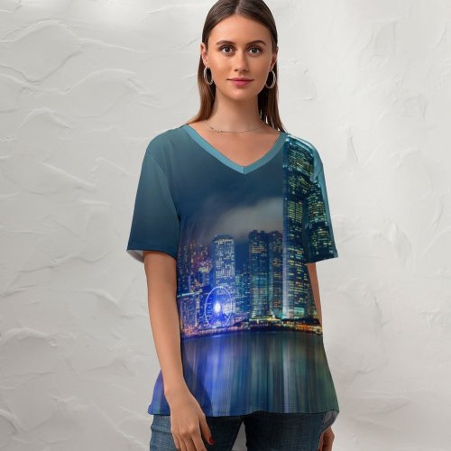 yanfind V Neck T-shirt for Women Serey Kim Hong Kong City Reflection Skyscrapers Modern Architecture Cityscape Night Lights Summer Top  Short Sleeve Casual Loose