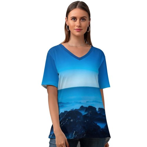 yanfind V Neck T-shirt for Women Seascape Horizon Clear Sky Ocean Rocks Sunrise Dawn Sky Summer Top  Short Sleeve Casual Loose