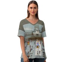 yanfind V Neck T-shirt for Women Terminal Building Center Public Lobby Wallpapers Architecture Greenwich États-Unis Airport York Summer Top  Short Sleeve Casual Loose