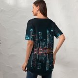 yanfind V Neck T-shirt for Women Pang Yuhao Singapore City Skyscrapers Modern Architecture Night Life City Lights Reflection Summer Top  Short Sleeve Casual Loose