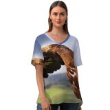 yanfind V Neck T-shirt for Women Raptor Birds Prey Birds Flying Mid Air Blur Summer Top  Short Sleeve Casual Loose