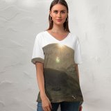 yanfind V Neck T-shirt for Women Lens Sun Hillside Flare Sheep Grass Wallpapers Hill Mountain Outdoors Stock Summer Top  Short Sleeve Casual Loose