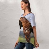 yanfind V Neck T-shirt for Women Raptor Birds Prey Birds Flying Mid Air Blur Summer Top  Short Sleeve Casual Loose