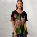yanfind V Neck T-shirt for Women Arrangement Rose Bouquet Spring Public Wallpapers Coral Plant Tulip Pictures Tulips Summer Top  Short Sleeve Casual Loose