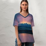 yanfind V Neck T-shirt for Women Snow Mountains Landscape Sunrise Salt Lake City Reflection Scenery Mountain Range Clear Summer Top  Short Sleeve Casual Loose