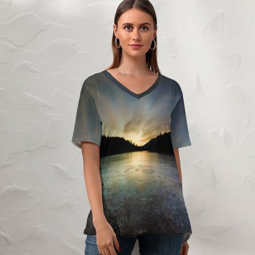 yanfind V Neck T-shirt for Women Rose Valley Reservoir British Columbia Canada Sunset Frozen Silhouette Landscape Dusk Summer Top  Short Sleeve Casual Loose