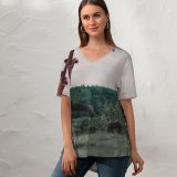 yanfind V Neck T-shirt for Women Jumping Nusa Life Public Hills Wallpapers Mountain Vigour Tenggara Spirited West Summer Top  Short Sleeve Casual Loose