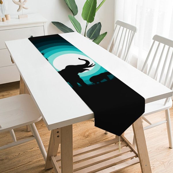 Yanfind Table Runner Suryapraveen Black Dark Minimal Elephant Elephant Cub Silhouette Night Teal Everyday Dining Wedding Party Holiday Home Decor