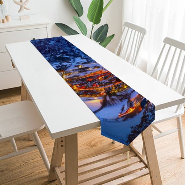 Yanfind Table Runner Spanish Village Benasque Town Winter Pyrenees Mountains Night Snow Covered Everyday Dining Wedding Party Holiday Home Decor