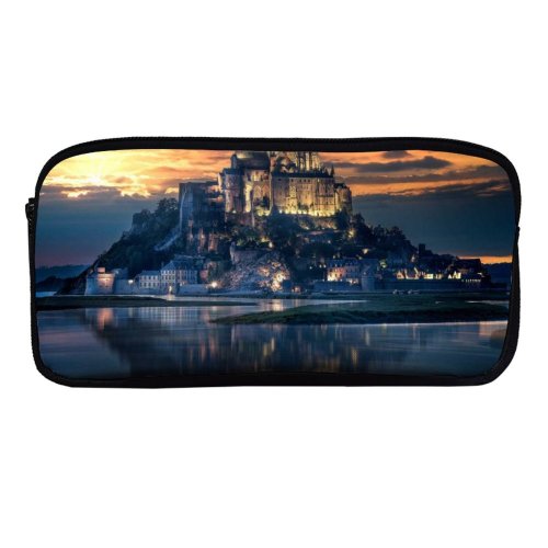 yanfind Pencil Case YHO Grafixart Mont SaintMichel Island Ancient Architecture Reflection Night Sunset Dawn Evening Sky Zipper Pens Pouch Bag for Student Office School