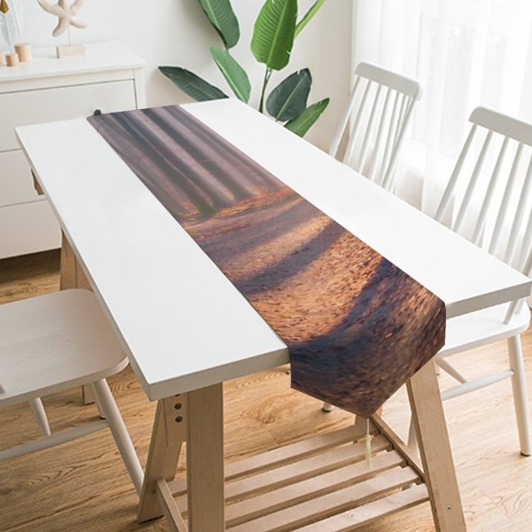 Yanfind Table Runner Hmetosche Autumn Forest Fallen Leaves Fog Sun Light Trees Woods Everyday Dining Wedding Party Holiday Home Decor