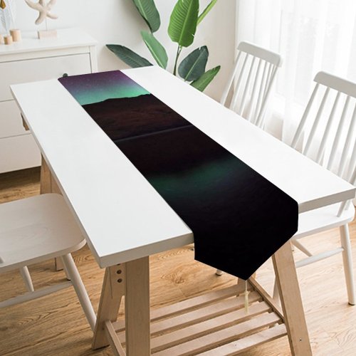 Yanfind Table Runner Cecil Peak Zealand Aurora Borealis Northern Lights Starry Sky Night Time Lake Everyday Dining Wedding Party Holiday Home Decor