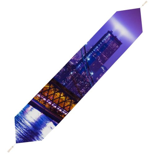 Yanfind Table Runner Zac Ong York City Night Cityscape Purple City Lights Suspension Bridge Buildings Everyday Dining Wedding Party Holiday Home Decor