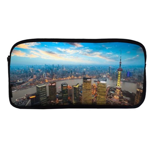 yanfind Pencil Case YHO Shanghai City China Aerial Cityscape Sunset Skyscrapers High Rise Building Oriental Pearl Zipper Pens Pouch Bag for Student Office School