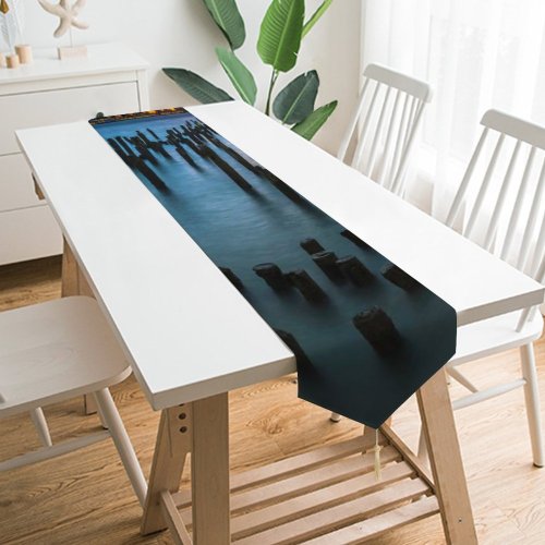 Yanfind Table Runner Old Pier Poles York City Cityscape Lights Dusk Sky Skyscrapers Landscape Everyday Dining Wedding Party Holiday Home Decor