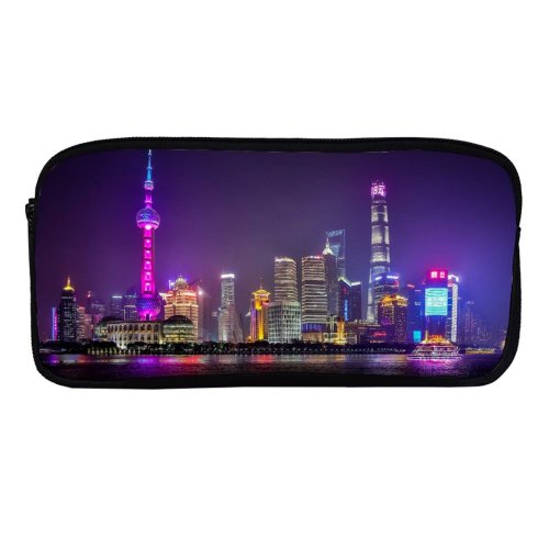 yanfind Pencil Case YHO Shanghai City Reflection Skyscrapers Night  Cityscape Lights Architecture Zipper Pens Pouch Bag for Student Office School