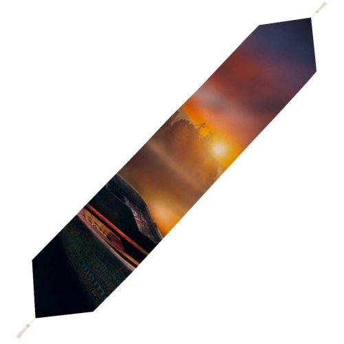 Yanfind Table Runner Hmetosche Sunset Boat Lake Reflections Dawn Mountains Fog Trees Everyday Dining Wedding Party Holiday Home Decor