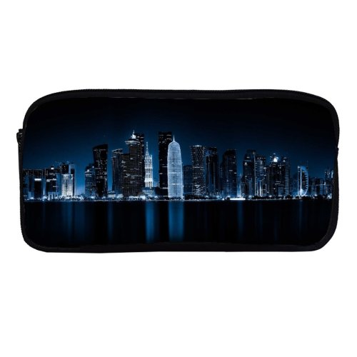 yanfind Pencil Case YHO GoMustang Black Dark Doha Qatar Night Cityscape City Lights Reflections Dark Zipper Pens Pouch Bag for Student Office School