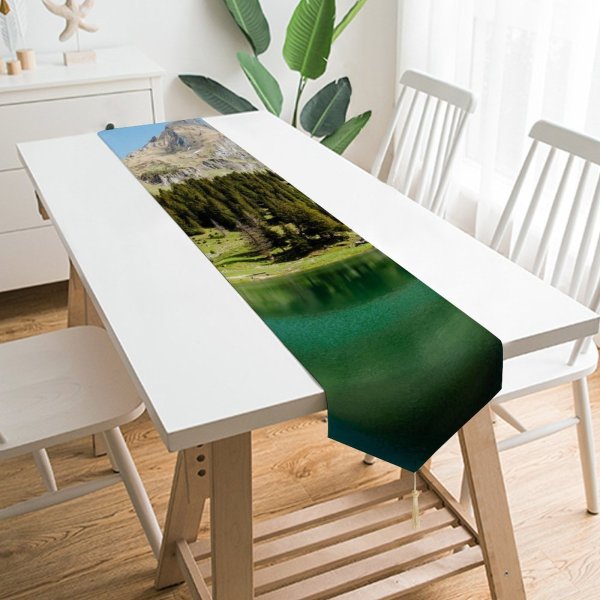 Yanfind Table Runner Gantrischseeli Lake Pine Trees Spring Reflection Mountain Peak Switzerland Everyday Dining Wedding Party Holiday Home Decor